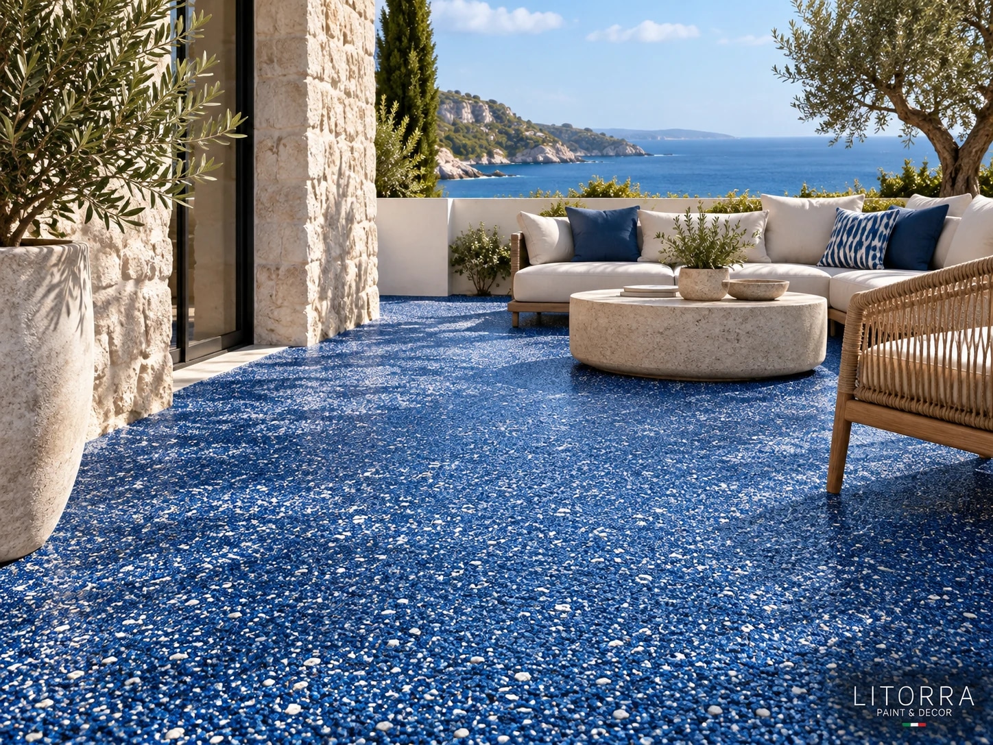 Visualisation PIETRORA Litorra : terrasse en granulats liés bleus ouverte sur un jardin méditerranéen