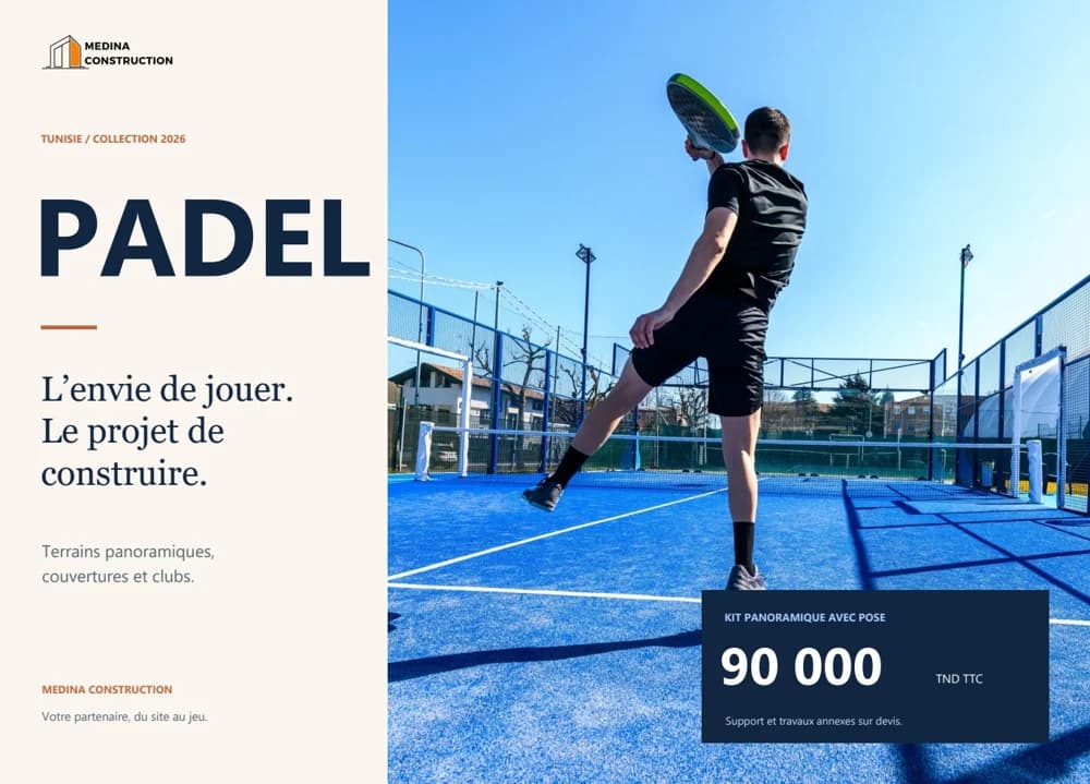 Couverture du catalogue Medina Construction : terrains et clubs de padel, collection 2026