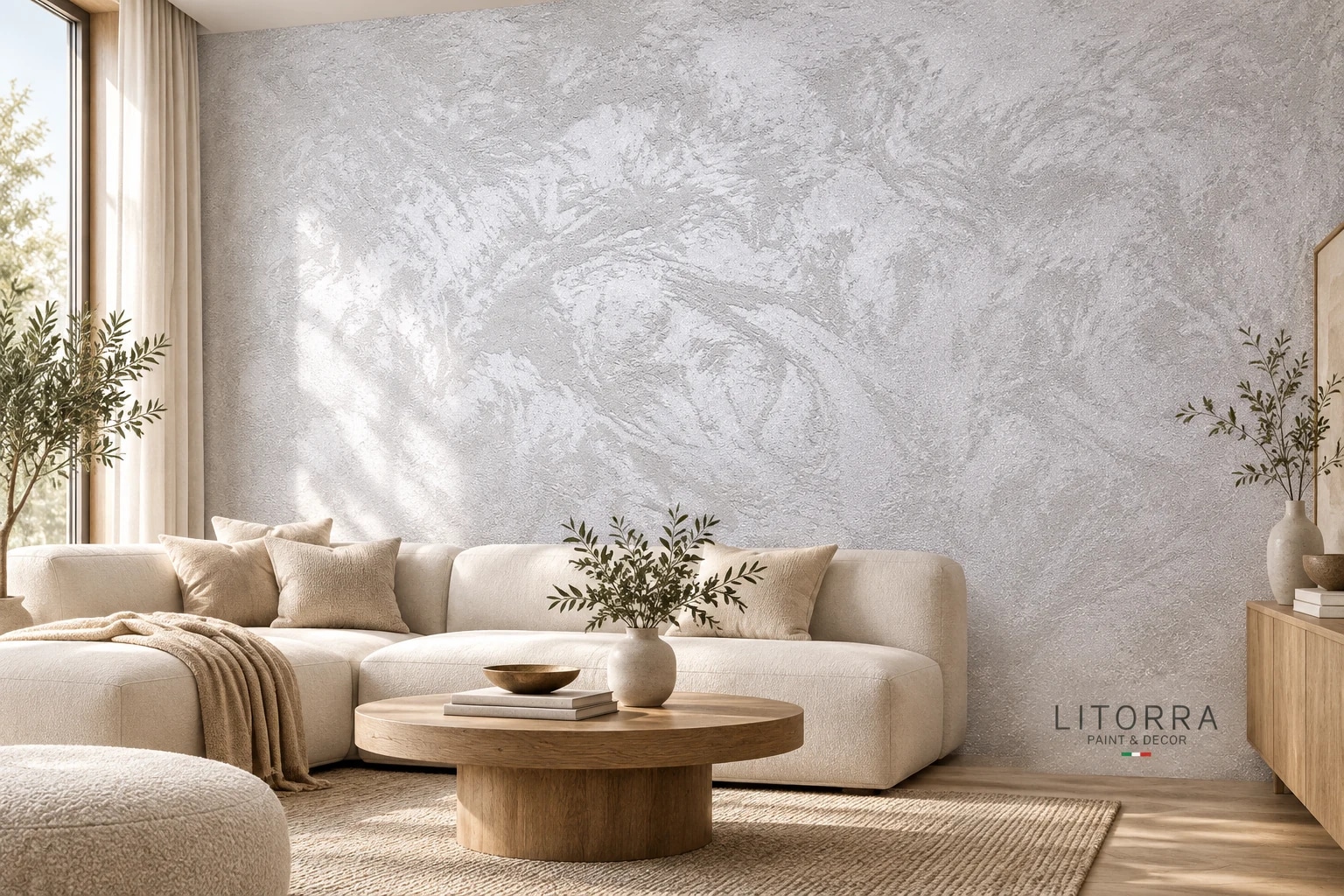 Ambiance SABELORA de Litorra, finition murale claire dans un salon